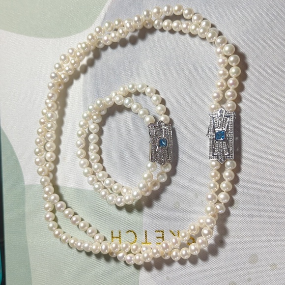 Set of 925 silver and pearl double stranded necklace and bracelet - Picture 6 of 9